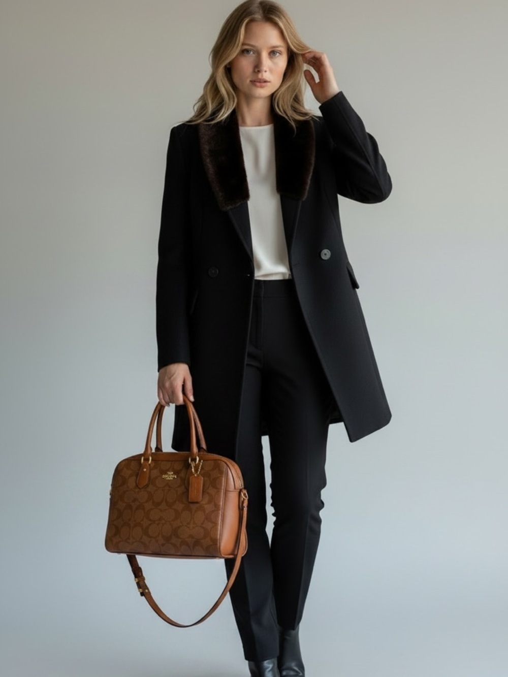 Vintage Italian Navy Wool Blend Jacket with Faux Fur Collar